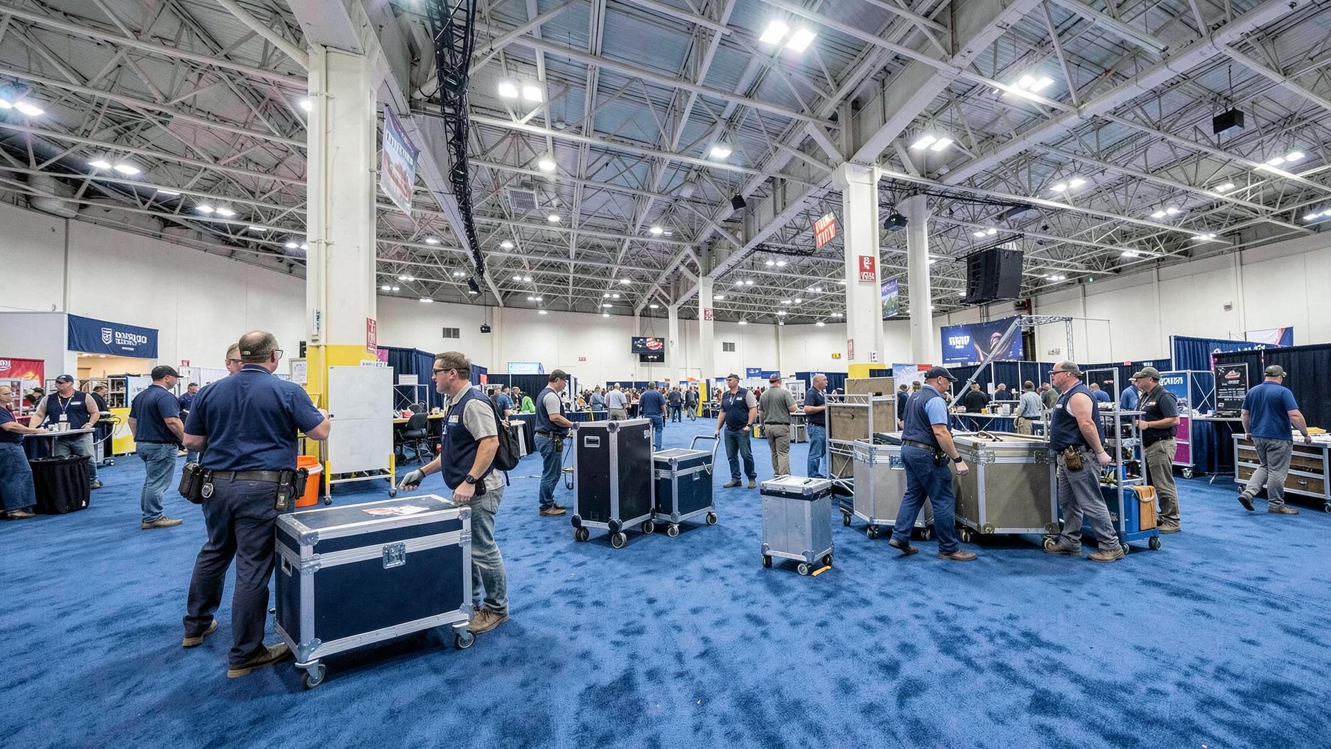 Crew setting up event structures inside a Las Vegas convention hall